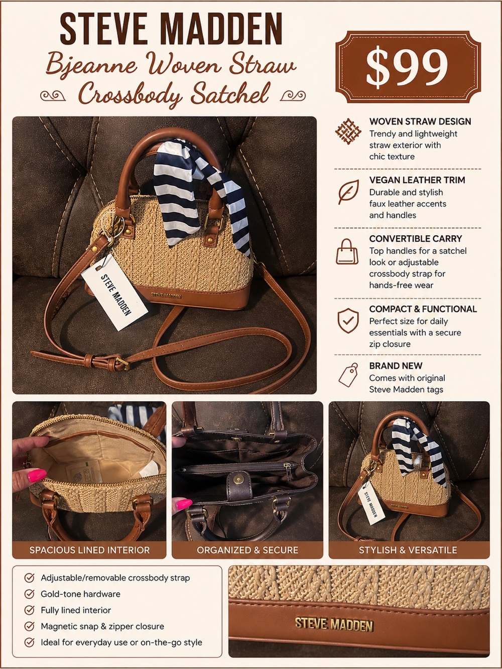 Steve Madden Tan & Natural Woven Straw Crossbody Satchel with Navy Accent